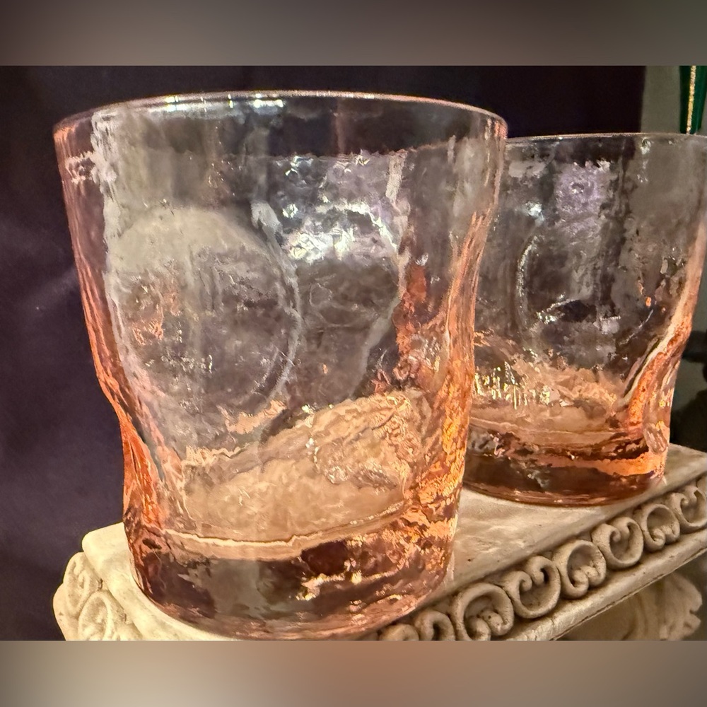 2 pink, vintage dimpled lowball glasses. 9oz